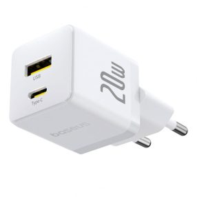   Baseus Palm hálózati gyorstöltő, 20W, USB Type-C + USB Type-A, fehér
