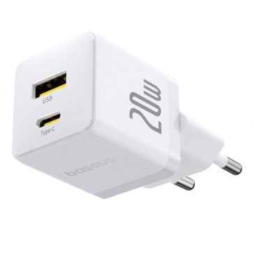   Baseus Palm hálózati gyorstöltő, 20W, USB Type-C + USB Type-A, fehér
