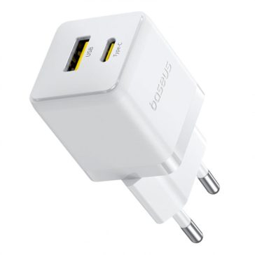   Baseus Palm hálózati gyorstöltő, 20W, USB Type-C + USB Type-A, fehér