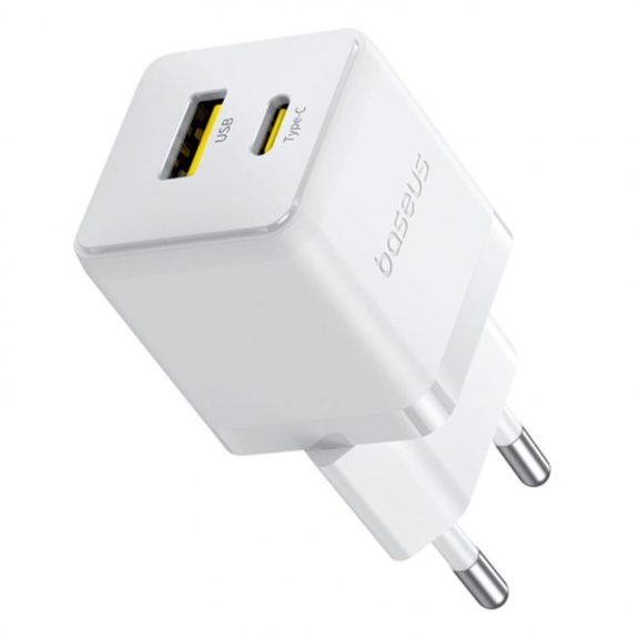 Baseus Palm hálózati gyorstöltő, 20W, USB Type-C + USB Type-A, fehér