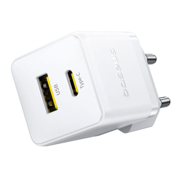 Baseus Palm hálózati gyorstöltő, 20W, USB Type-C + USB Type-A, fehér