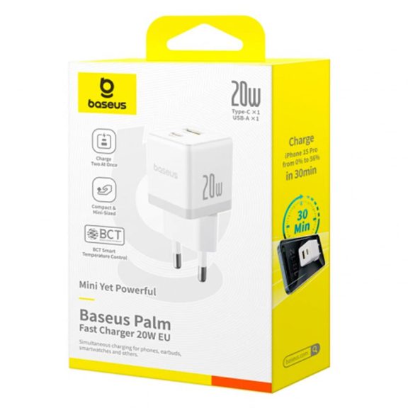Baseus Palm hálózati gyorstöltő, 20W, USB Type-C + USB Type-A, fehér