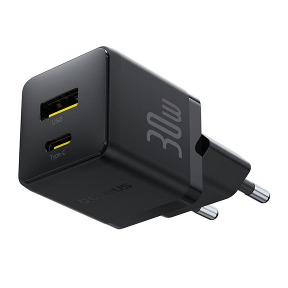 Baseus Palm hálózati gyorstöltő 30W, USB Type-C + USB Type-A, fekete