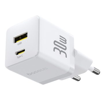   Baseus Palm hálózati gyorstöltő 30W, USB Type-C + USB Type-A, fehér