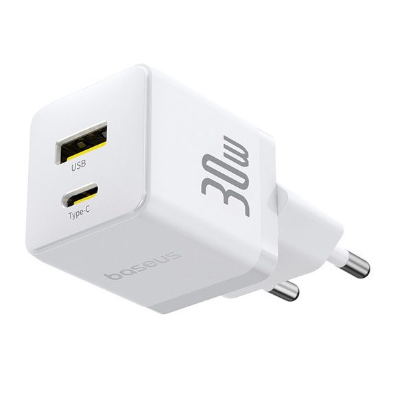 Baseus Palm hálózati gyorstöltő 30W, USB Type-C + USB Type-A, fehér