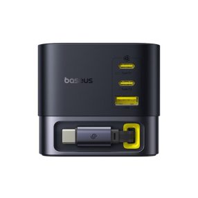  Baseus Super GaN töltőállomás 100W, 1×USB Type-A + 2×USB Type-C + USB Type-C automata behúzós kábel, fekete