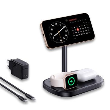   Baseus EnerFill FS41 3-in-1 vezeték nélküli töltő állvány 22,5W, fekete + 45W hálózati gyorstöltő + USB Type-C, 1m kábel