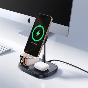  Baseus EnerFill FS41 3-in-1 vezeték nélküli töltő állvány 22,5W, fekete + 45W hálózati gyorstöltő + USB Type-C, 1m kábel