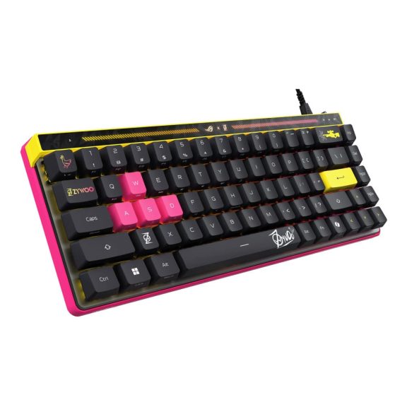 Asus ROG Falchion Ace HFX ZywOo Edition fekete 65%-os gamer billentyűzet mágneses kapcsolókkal és gombonkénti RGB világítással.