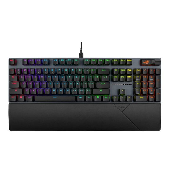 Asus ROG Strix Scope II X gaming billentyűzet RGB világítással, NX V2 kapcsolókkal és csuklótámasszal.