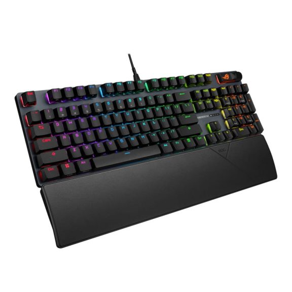 Asus ROG Strix Scope II X gaming billentyűzet RGB világítással, NX V2 kapcsolókkal és csuklótámasszal.