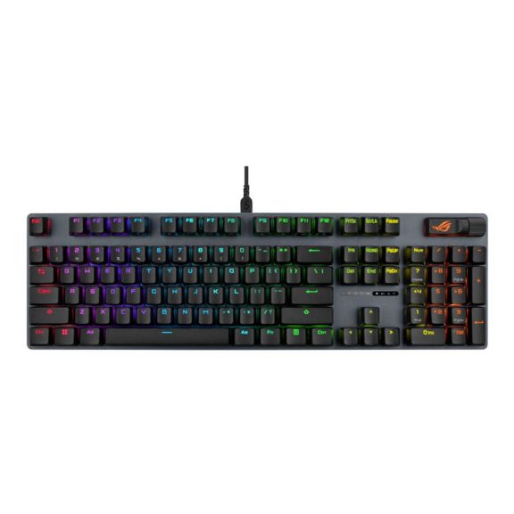 Asus ROG Strix Scope II X gaming billentyűzet RGB világítással, NX V2 kapcsolókkal és csuklótámasszal.