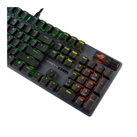 Asus ROG Strix Scope II X gaming billentyűzet RGB világítással, NX V2 kapcsolókkal és csuklótámasszal.