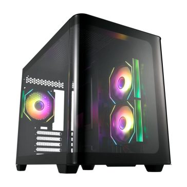 FSP S380 fekete mATX számítógépház 3D ívelt üveg oldallappal és ARGB ventilátorokkal.  