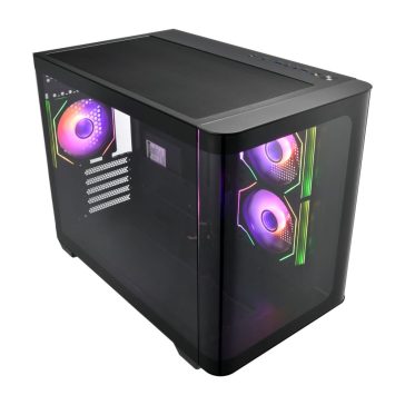 FSP S380 fekete mATX számítógépház 3D ívelt üveg oldallappal és ARGB ventilátorokkal.  