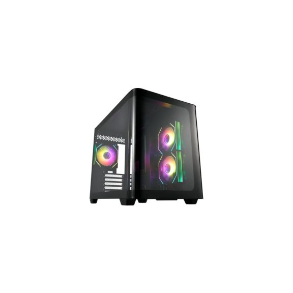 FSP S380 fekete mATX számítógépház 3D ívelt üveg oldallappal és ARGB ventilátorokkal.  