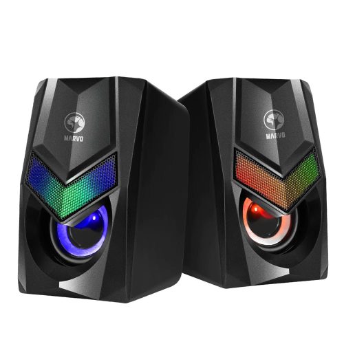 Marvo Havoc 10 RGB gamer hangszóró, 2×3 W sztereó hangzással, USB és 3.5 mm csatlakozással, fekete színben.