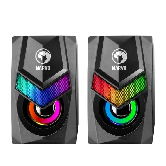 Marvo Havoc 10 RGB gamer hangszóró, 2×3 W sztereó hangzással, USB és 3.5 mm csatlakozással, fekete színben.