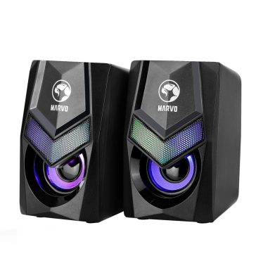 Marvo Havoc 10 RGB gamer hangszóró, 2×3 W sztereó hangzással, USB és 3.5 mm csatlakozással, fekete színben.
