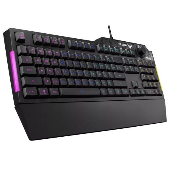 ASUS TUF Gaming K1 vezetékes gamer billentyűzet, RGB világítás, dedikált hangerőszabályzó, US angol kiosztás, fekete