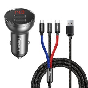   Baseus Digital Display autóstöltő 24W, 2×USB Type-A, fekete + 3.5A 3-in-1, 1.2m 3-színű kábel