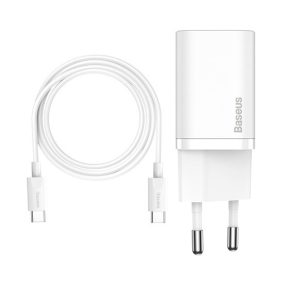   Baseus Super Si hálózati gyorstöltő 25W, USB Type-C, fehér + 3A USB Type-C, 1m kábel