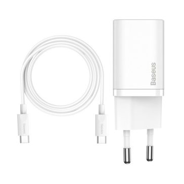   Baseus Super Si hálózati gyorstöltő 25W, USB Type-C, fehér + 3A USB Type-C, 1m kábel