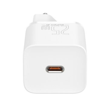   Baseus Super Si hálózati gyorstöltő 25W, USB Type-C, fehér + 3A USB Type-C, 1m kábel