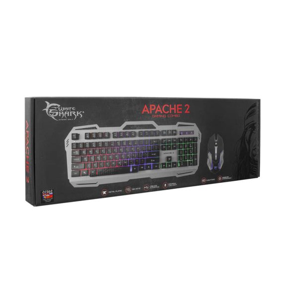 White Shark Apache 2 gamer billentyűzet és egér szett, magyar kiosztás, RGB világítás, 3200 DPI, ezüst