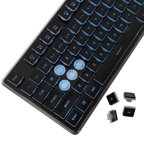 White Shark TACHI fekete gaming billentyűzet, US kiosztás, jégkék LED háttérvilágítással.