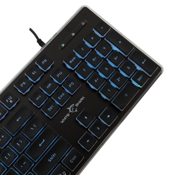 White Shark TACHI fekete gaming billentyűzet, US kiosztás, jégkék LED háttérvilágítással.