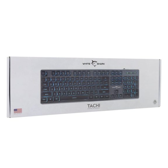 White Shark TACHI fekete gaming billentyűzet, US kiosztás, jégkék LED háttérvilágítással.