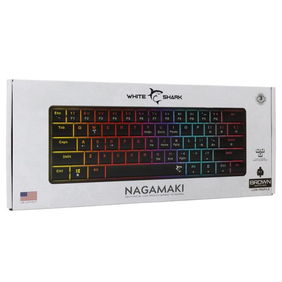 White Shark NAGAMAKI Black kompakt mechanikus gaming billentyűzet red low profile switch-ekkel és rainbow világítással.