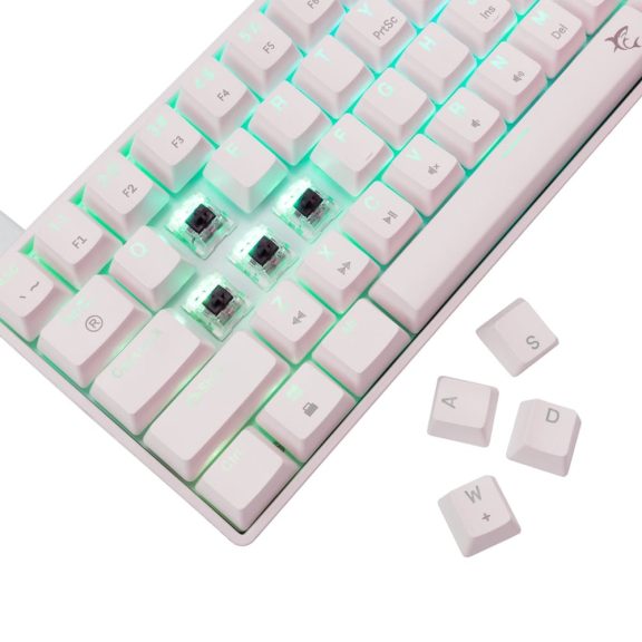 White Shark SHINOBI 2 fehér kompakt mechanikus gaming billentyűzet barna kapcsolókkal, US kiosztással és RGB világítással.