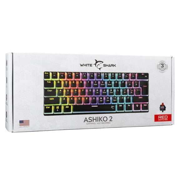 White Shark ASHIKO 2 fekete mechanikus gaming billentyűzet red switch-ekkel és rainbow háttérvilágítással.