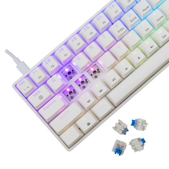 White Shark SHINOBI 2 vezetékes mechanikus gaming billentyűzet, 61 gomb, kék kapcsolók, HU kiosztás, fehér