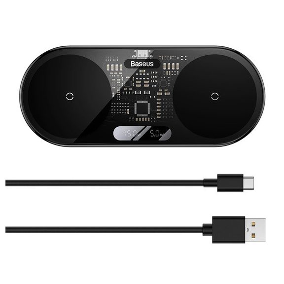Baseus Digital LED Display 2-in-1 vezeték nélküli töltő 20W, fekete + 3A USB Type-A – USB Type-C,  1m kábel