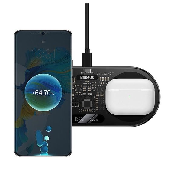 Baseus Digital LED Display 2-in-1 vezeték nélküli töltő 20W, fekete + 3A USB Type-A – USB Type-C,  1m kábel