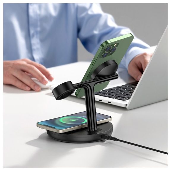 Baseus Swan 3-in-1 vezeték nélküli töltő állvány 20W, fekete + 3A USB Type-A – USB Type-C, 1m kábel