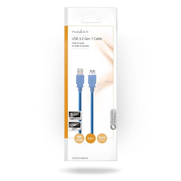 Nedis USB 3.2 Gen 1 hosszabbító kábel 3m, USB-A apa - USB-A anya, kék