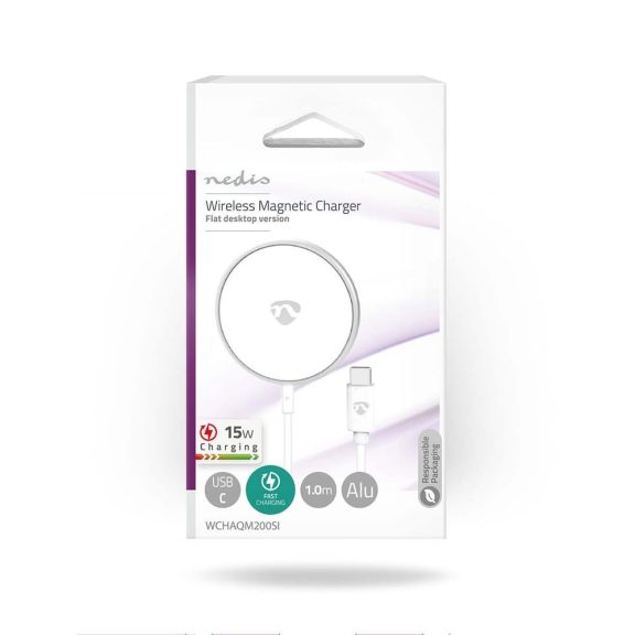 Nedis WCHAQM200SI mágneses vezeték nélküli töltő, 15 W, USB-C, 1 m kábel