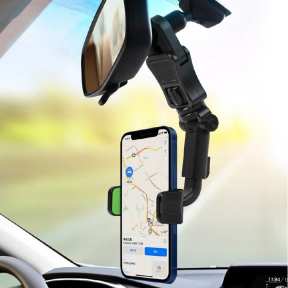 Autós telefontartó, visszapillantóra vagy fejtámlára szerelhető, 360° forgatható, fekete