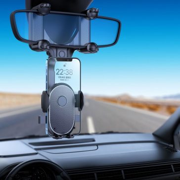   Univerzális autós telefontartó, visszapillantó tükörre bepattintós, automatikus rögzítés, 360° forgatható, fekete