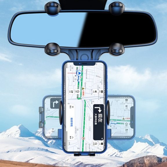 Univerzális autós telefontartó, visszapillantó tükörre bepattintós, automatikus rögzítés, 360° forgatható, fekete