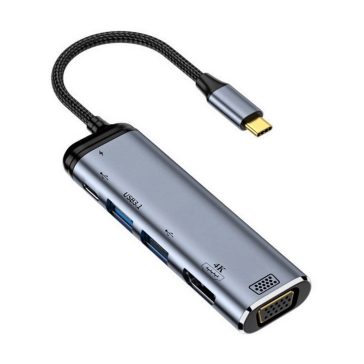   WPOWER W002 USB-C HUB dokkoló, 6 az 1-ben, 4K HDMI, VGA, PD 100W, USB3.1, ezüst