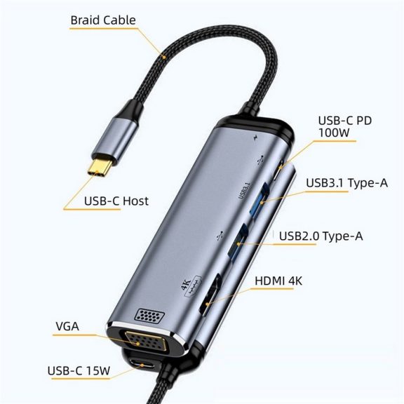 WPOWER W002 USB-C HUB dokkoló, 6 az 1-ben, 4K HDMI, VGA, PD 100W, USB3.1, ezüst