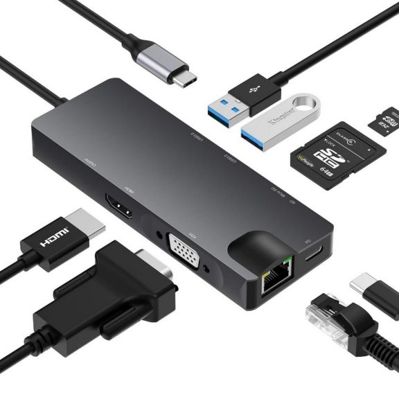 WPOWER Type-C - 4K HDMI, VGA, Gigabit LAN, Type-C, 2xUSB3.0, kártyaolvasó dokkoló