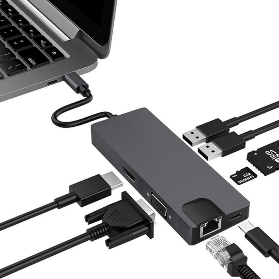 WPOWER Type-C - 4K HDMI, VGA, Gigabit LAN, Type-C, 2xUSB3.0, kártyaolvasó dokkoló