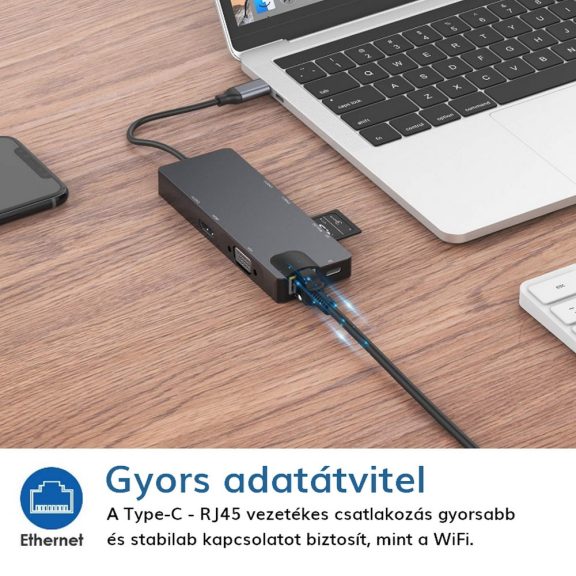 WPOWER Type-C - 4K HDMI, VGA, Gigabit LAN, Type-C, 2xUSB3.0, kártyaolvasó dokkoló
