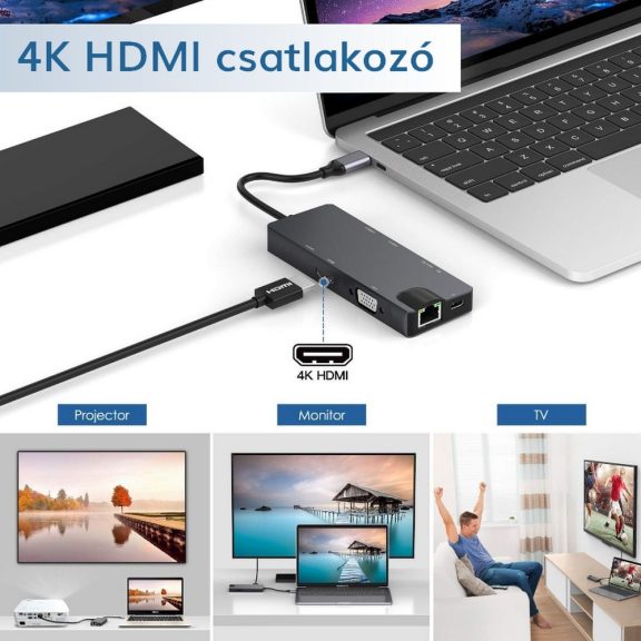 WPOWER Type-C - 4K HDMI, VGA, Gigabit LAN, Type-C, 2xUSB3.0, kártyaolvasó dokkoló